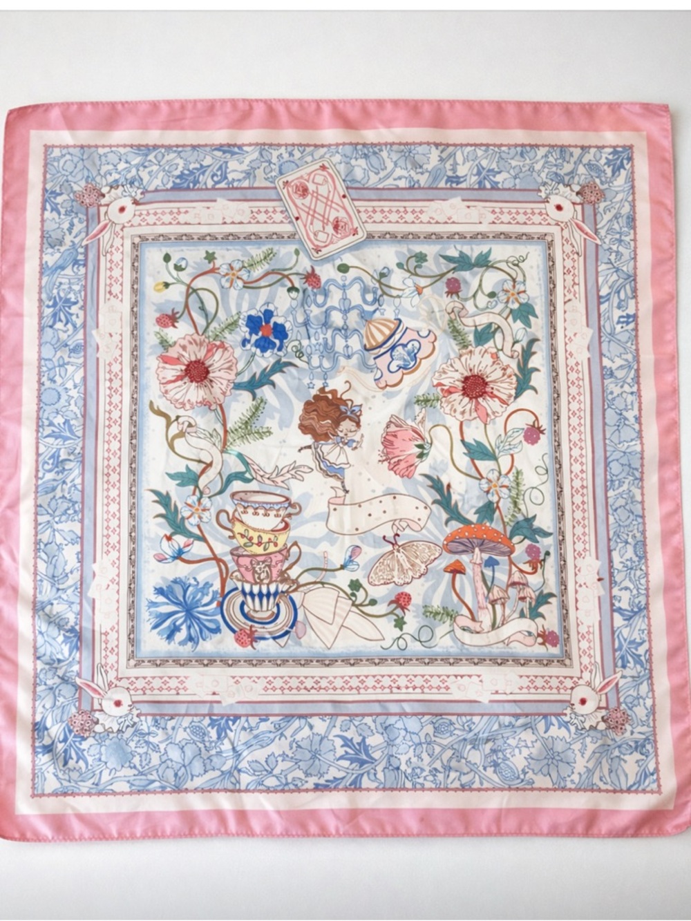 Alice In Wonderland Tea Party Scarf Floral Pastel Pink Blue Large Square Scarf